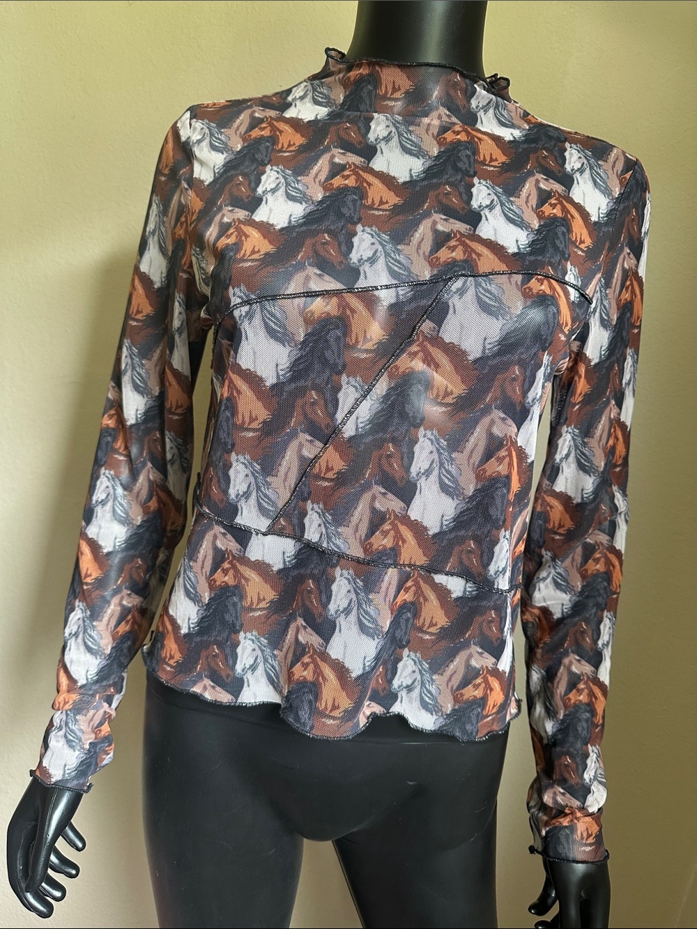 Sheer Horse-Print Long Sleeve Top - Brown/Black/White